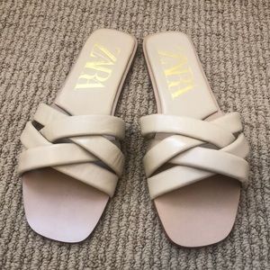ZARA leather slide sandal with cross quilted strap
